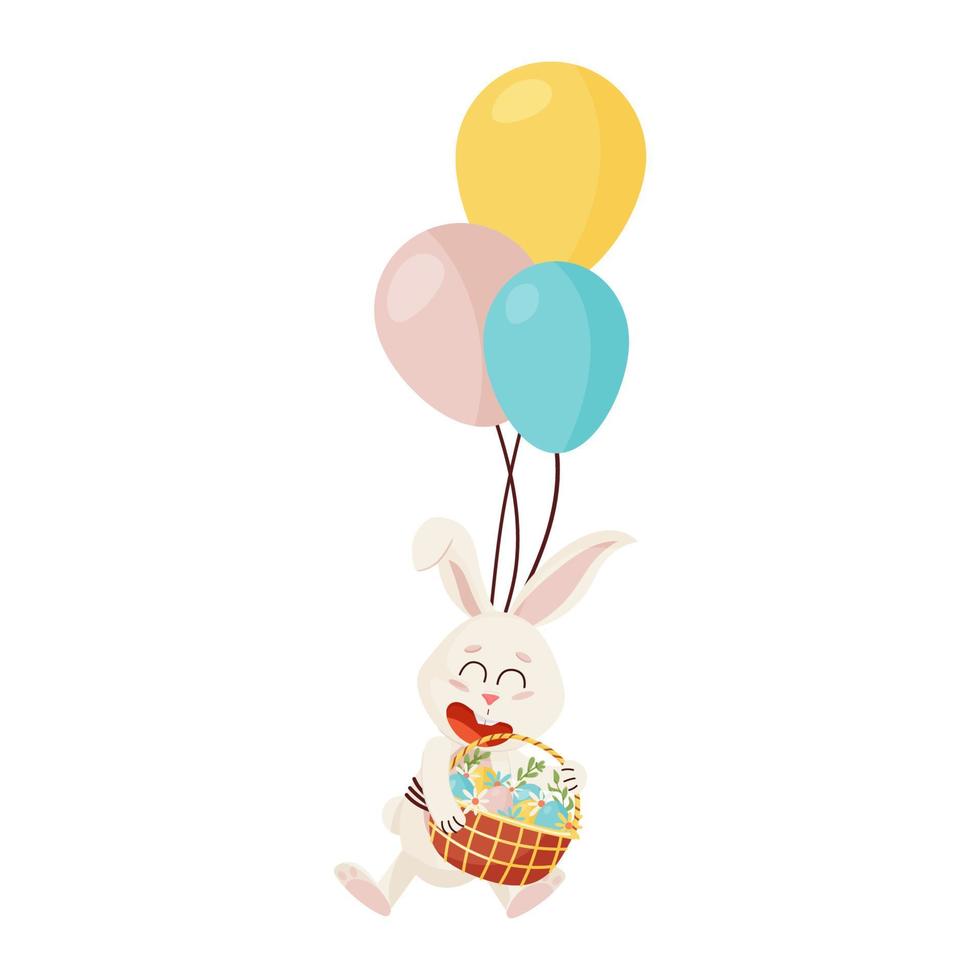 kanin karaktär. flygande och skrattande på tre ballonger rolig, Lycklig påsk tecknad serie kanin med ägg korg vektor