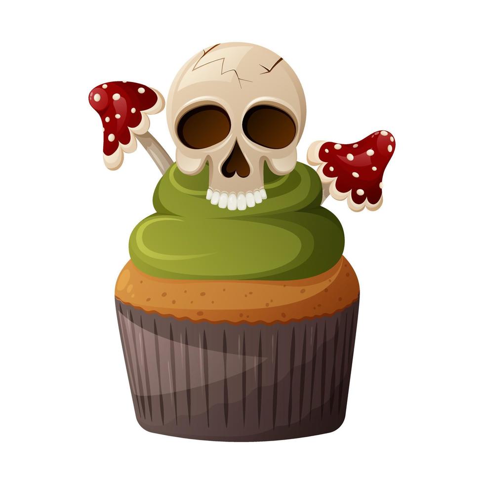 Gift-Halloween-Cupcake mit Fliegenpilz und Totenkopf. Cartoon-Vektor-Illustration. Süßigkeiten der Hexe vektor