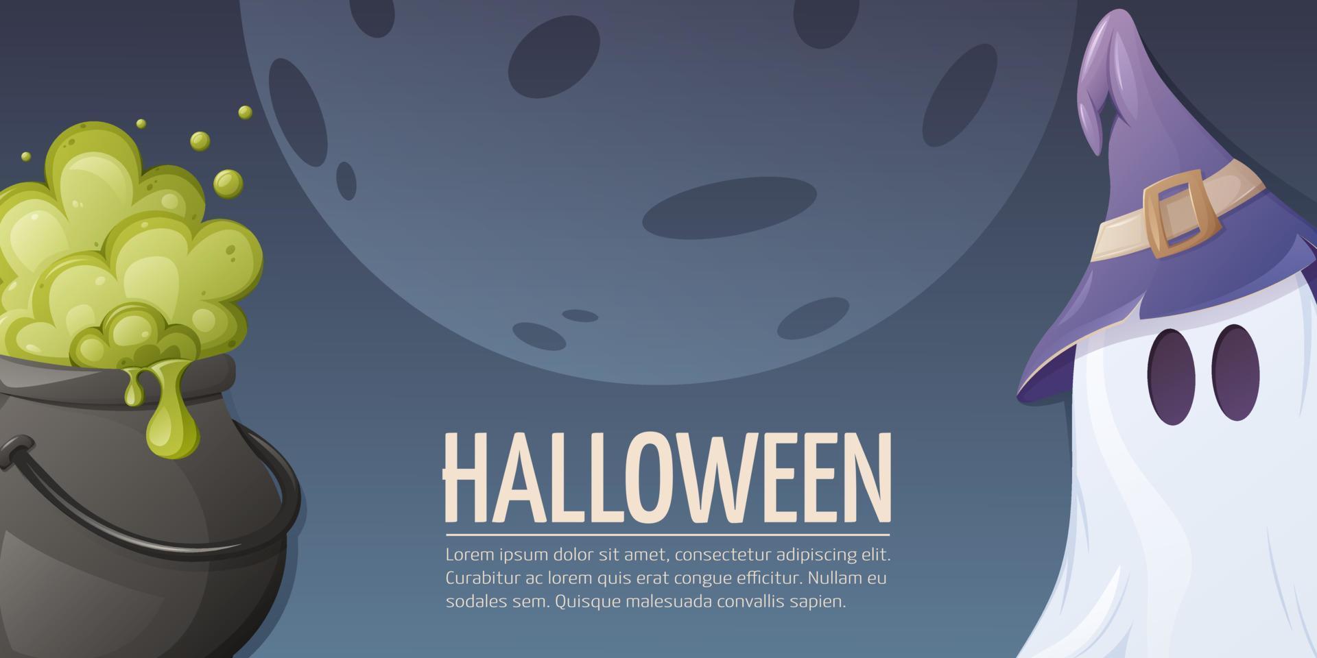 halloween bakgrund. kittel med en trolldryck och en spöke i en magi hatt. vektor horisontell illustration med Plats för text. mall för baner, affisch, flygblad, hemsida gränssnitt