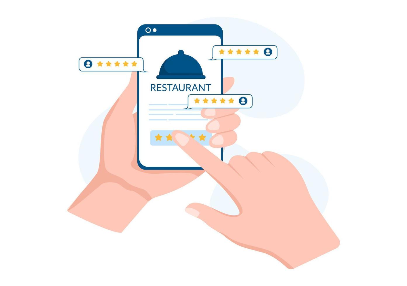 restaurantbewertungsvorlage handgezeichnete flache illustration der karikatur mit kundenfeedback, bewertungsstern, expertenmeinung und online-umfrage vektor