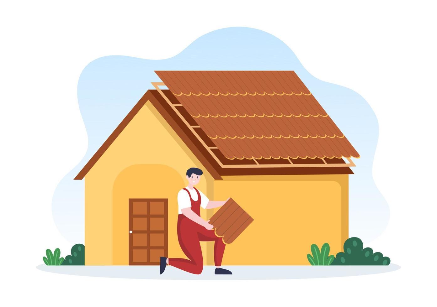 dachbauarbeiter vorlage handgezeichnete cartoon flache illustration mit hausdachrenovierung, befestigung von dachziegelhäusern und dachrekonstruktion vektor