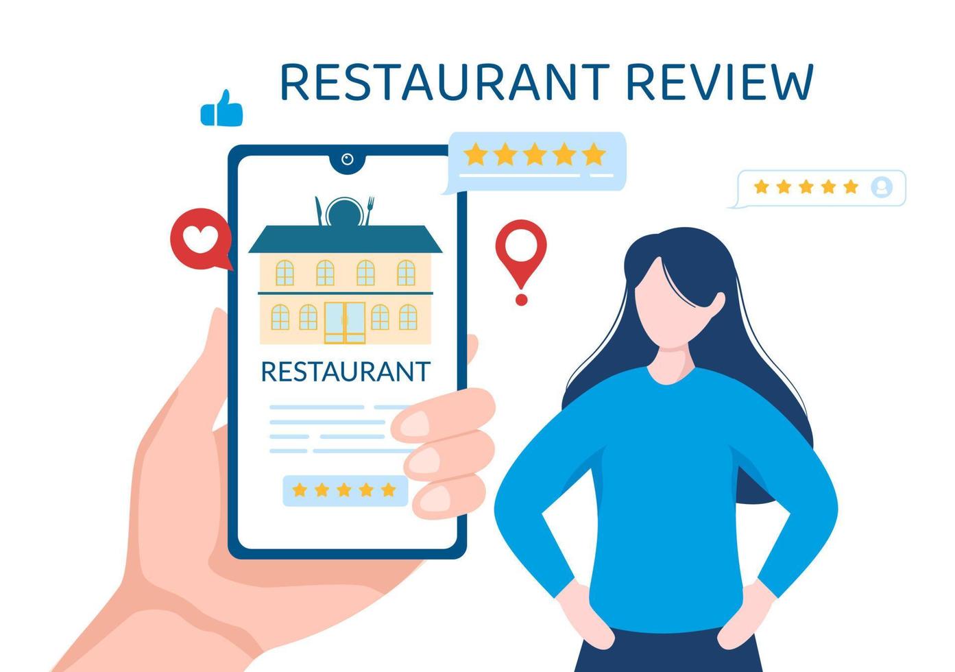 restaurantbewertungsvorlage handgezeichnete flache illustration der karikatur mit kundenfeedback, bewertungsstern, expertenmeinung und online-umfrage vektor