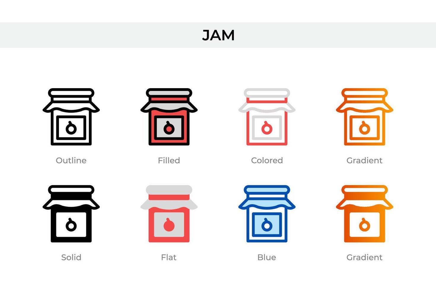 Jam-Symbol in verschiedenen Stilen. Marmelade-Vektorsymbole in Umrissen, soliden, farbigen, gefüllten, Farbverläufen und flachen Stilen. Symbol, Logoabbildung. Vektor-Illustration vektor