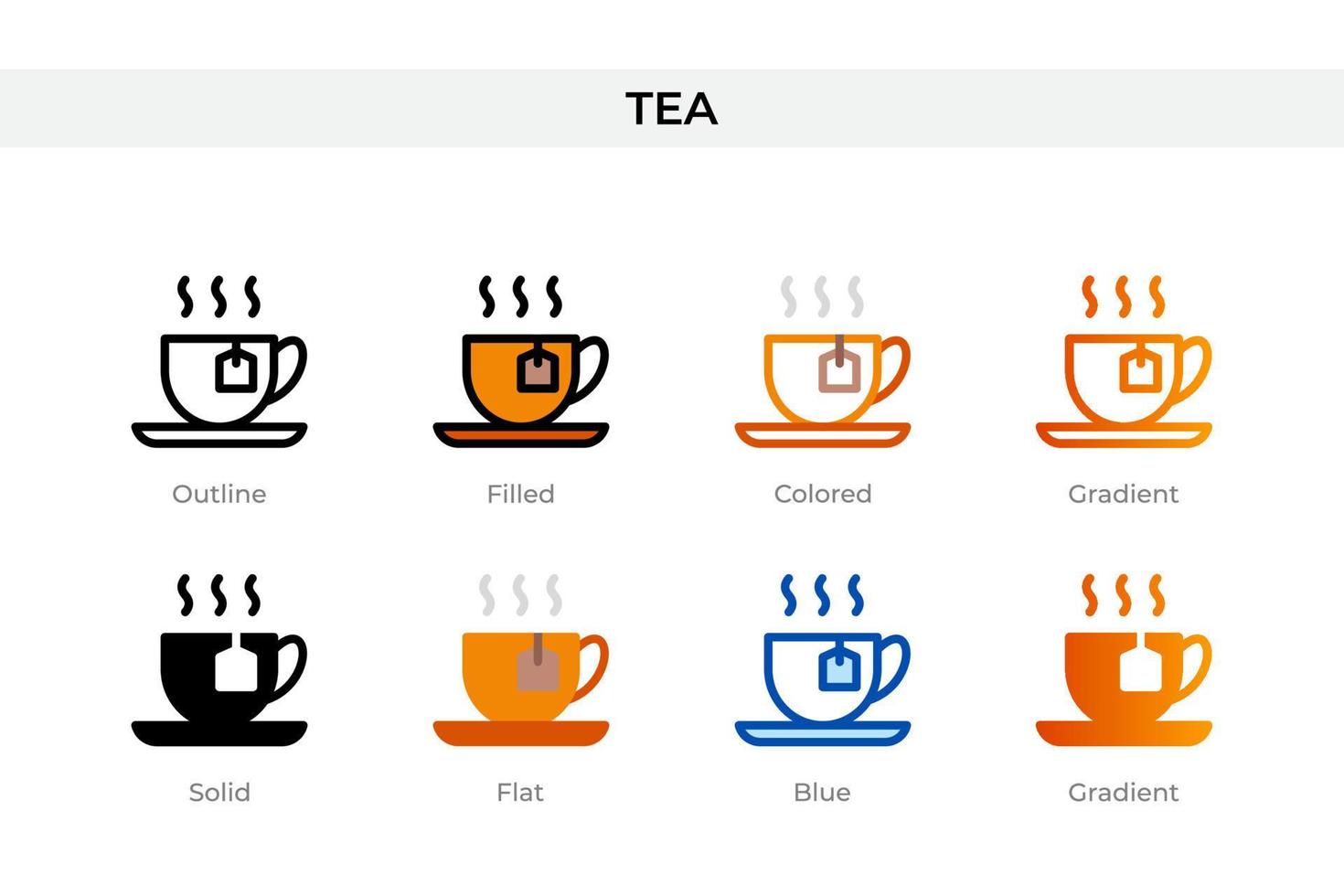 Tee-Symbol in verschiedenen Stilen. Tee-Vektorsymbole, die in Umrissen, soliden, farbigen, gefüllten, Farbverläufen und flachen Stilen entworfen wurden. Symbol, Logoabbildung. Vektor-Illustration vektor