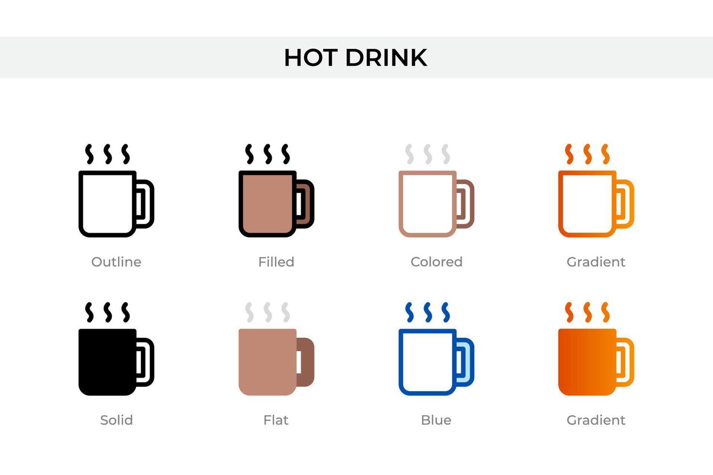 Symbol für heiße Getränke in verschiedenen Stilen. Vektorsymbole für heiße Getränke, die in Umrissen, soliden, farbigen, gefüllten, Farbverläufen und flachen Stilen entworfen wurden. Symbol, Logoabbildung. Vektor-Illustration vektor