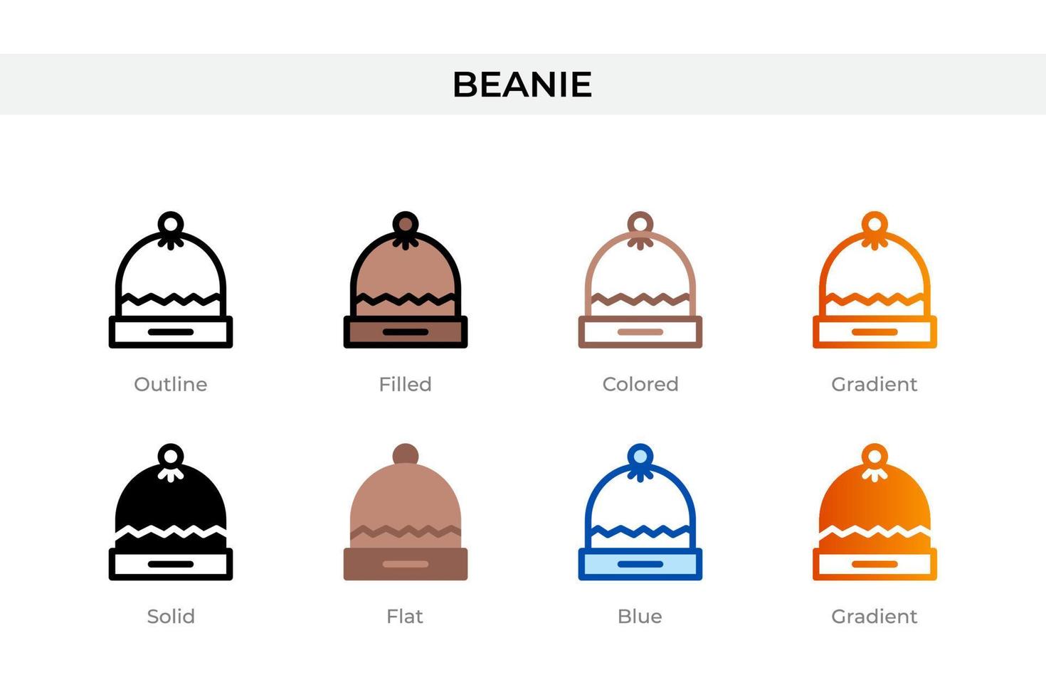 Beanie-Symbol in verschiedenen Stilen. Beanie-Vektorsymbole in Umrissen, soliden, farbigen, gefüllten, Farbverläufen und flachen Stilen. Symbol, Logoabbildung. Vektor-Illustration vektor