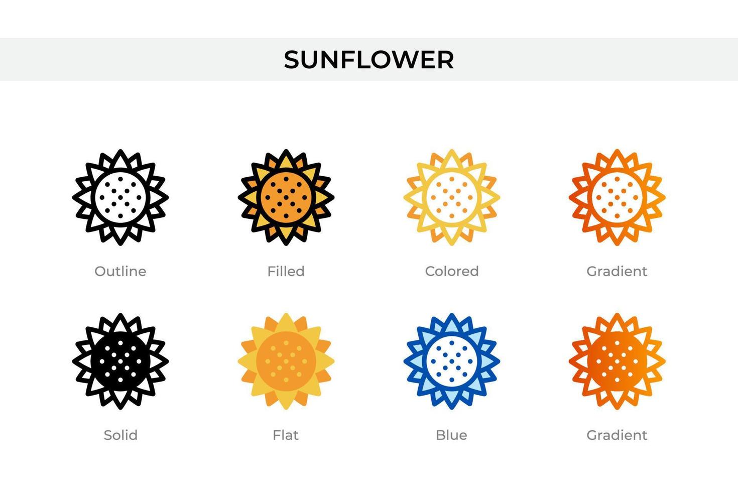 Sonnenblumen-Symbol in anderen Stilen. Sonnenblumen-Vektorsymbole in Umrissen, soliden, farbigen, gefüllten, Farbverläufen und flachen Stilen. Symbol, Logoabbildung. Vektor-Illustration vektor