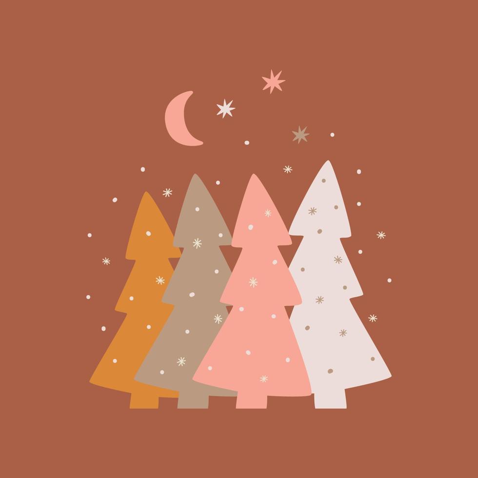 rosa jul träd grafisk element. jul träd mörk bakgrund. natt gran träd dekorativ illustration. rosa gran träd vektor vinter- skog. nordic scen, symbol.