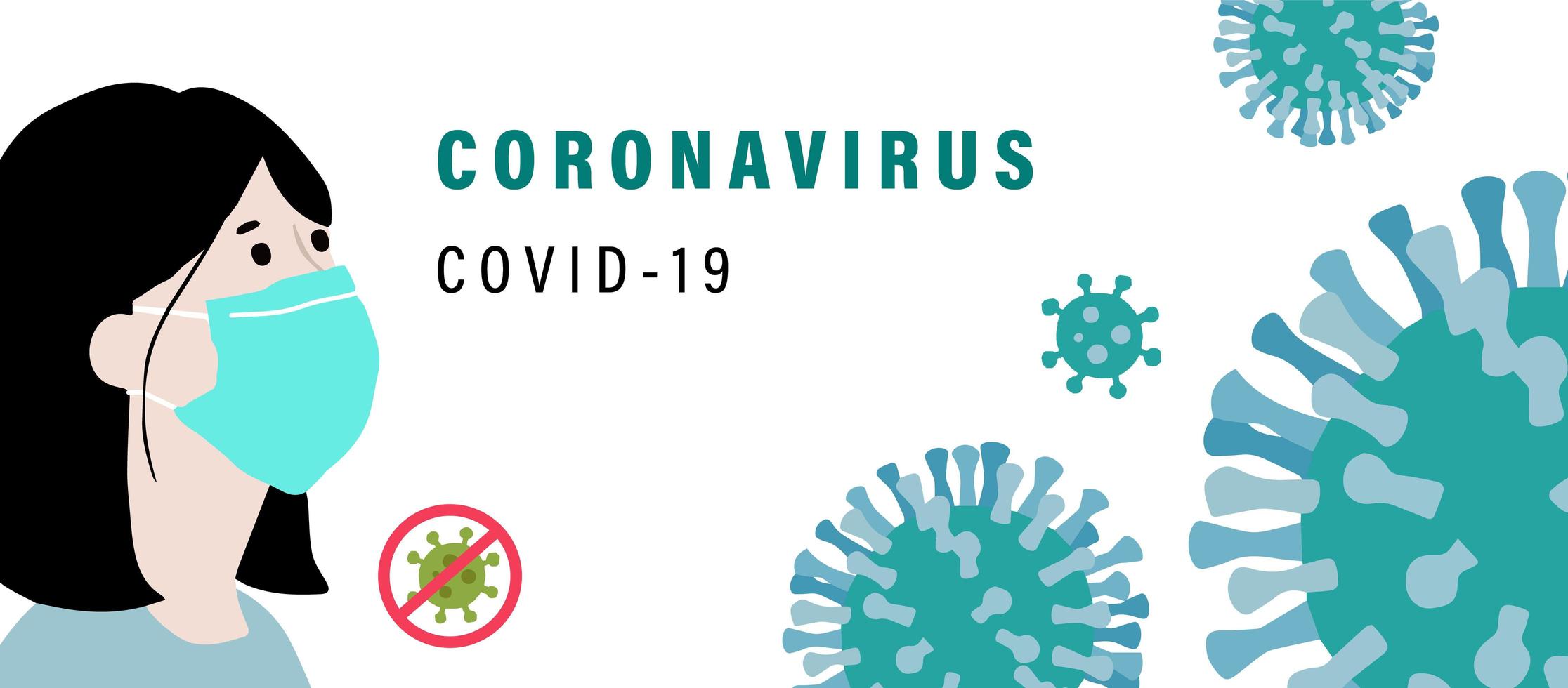 coronavirus banner med maskerad kvinna och virusceller vektor