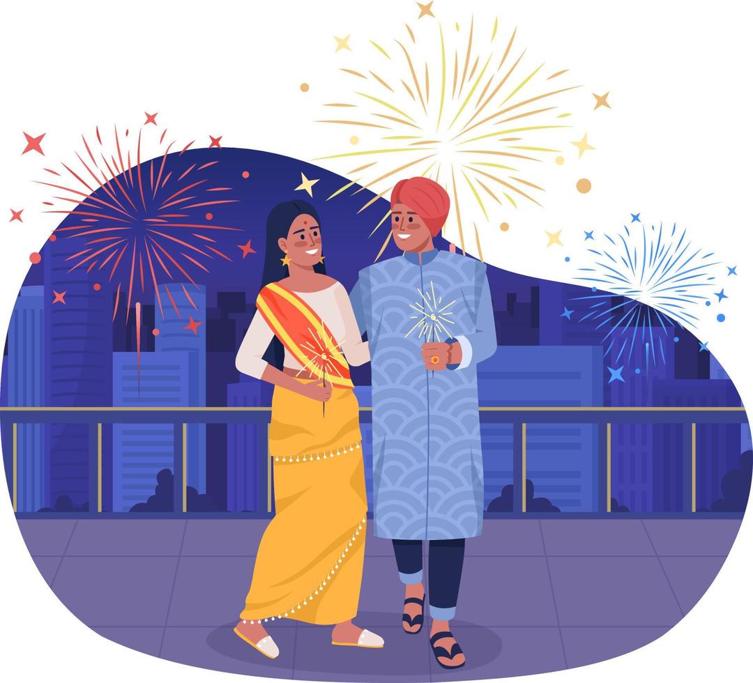 glückliches paar mit funkelnden lichtern auf diwali 2d-vektor isolierte illustration. flache charaktere der indischen hochzeit auf karikaturhintergrund. fest bunte editierbare szene für handy, website, präsentation vektor