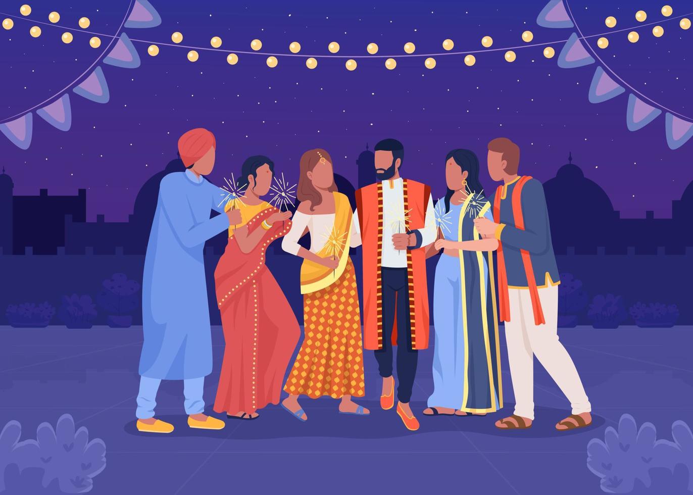 glückliche freunde bei der diwali party flache farbvektorillustration. feier traditioneller indischer feiertag. vollständig bearbeitbare einfache 2d-zeichentrickfiguren mit nachthof im hintergrund vektor