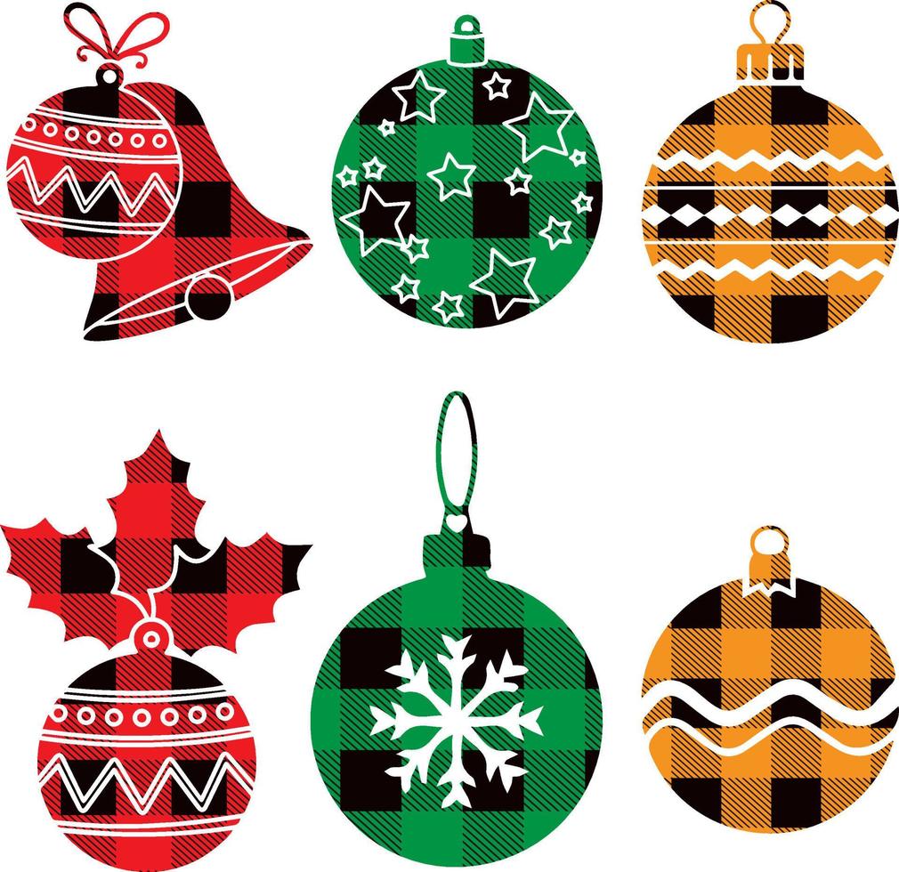 jul uppsättning bollar med buffel pläd, gingham prydnad i röd, grön, blå, svart och snöflingor. tartan pläd för festlig bakgrund. design för hälsning kort, mönster, baner. vektor