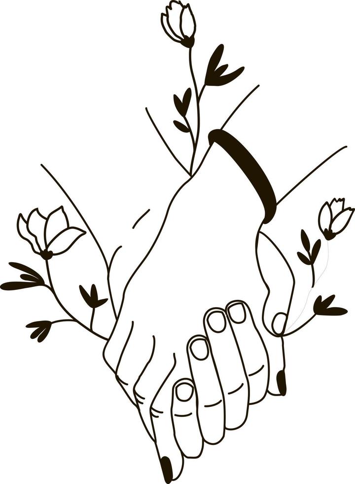 två händer. tecknad serie romantisk Rör av palmer av älskare, symbol av familj skydd, kärlek vektor illustration begrepp av samhörighet och säkerhet