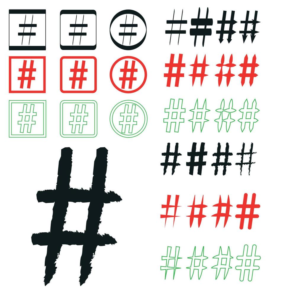 hashtag tecken. siffra tecken, hash, eller pund tecken. samling av 33 symboler isolerat på en vit bakgrund. vektor