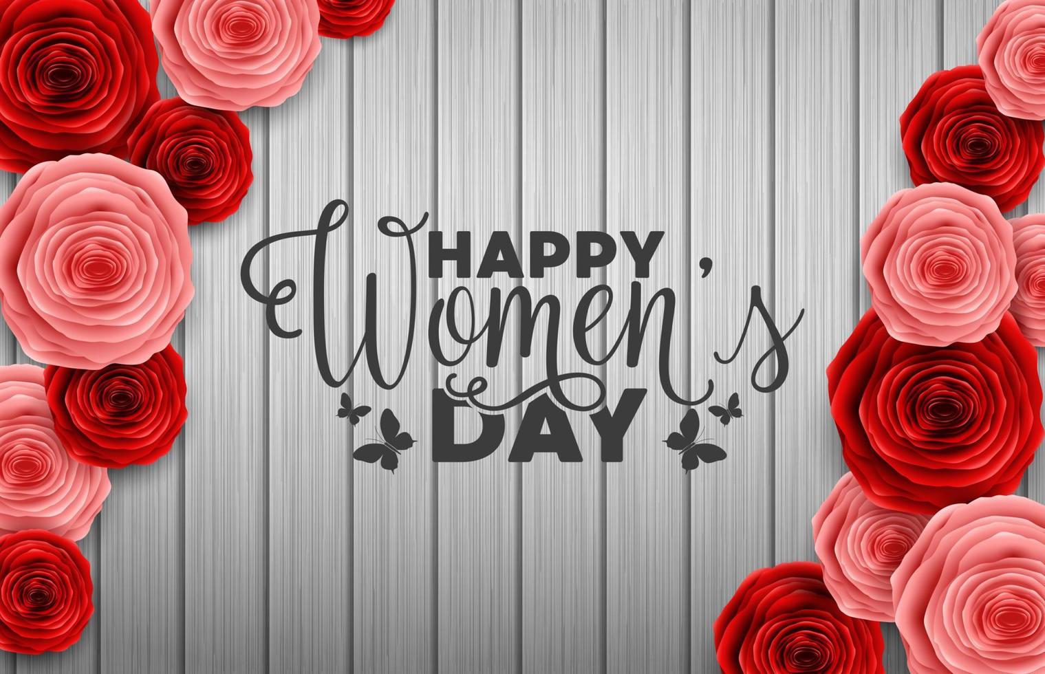 internationell Lycklig kvinnors dag med papper skärande fjärilar, ro blommor och svart runda tecken på trä- bakgrund vektor