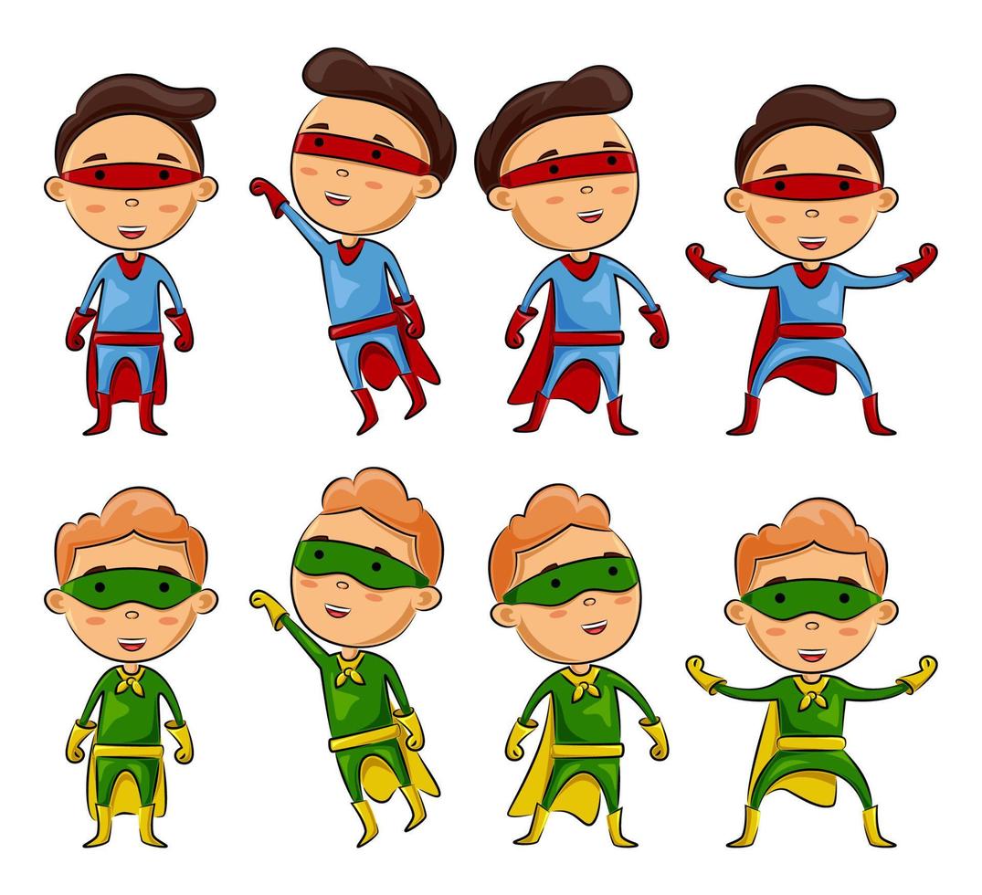 uppsättning av barn bär superhjältar kostymer med annorlunda utgör vektor