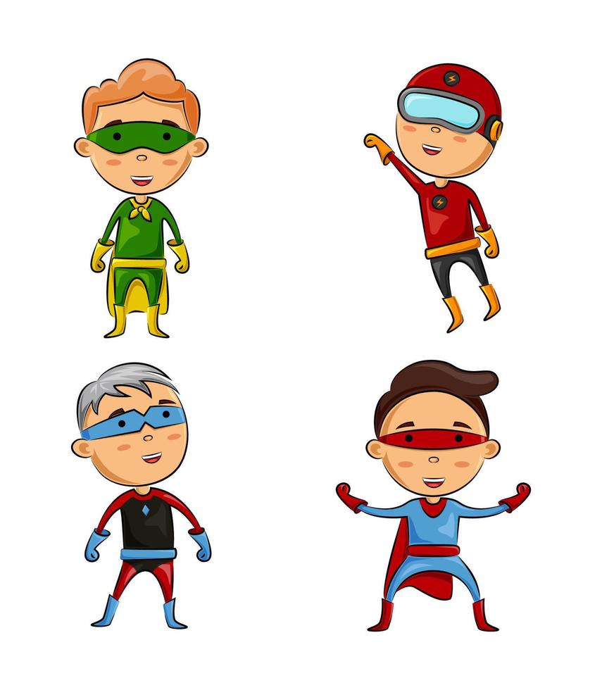 süße vier kinder, die superheldenkostüme mit unterschiedlicher pose tragen vektor