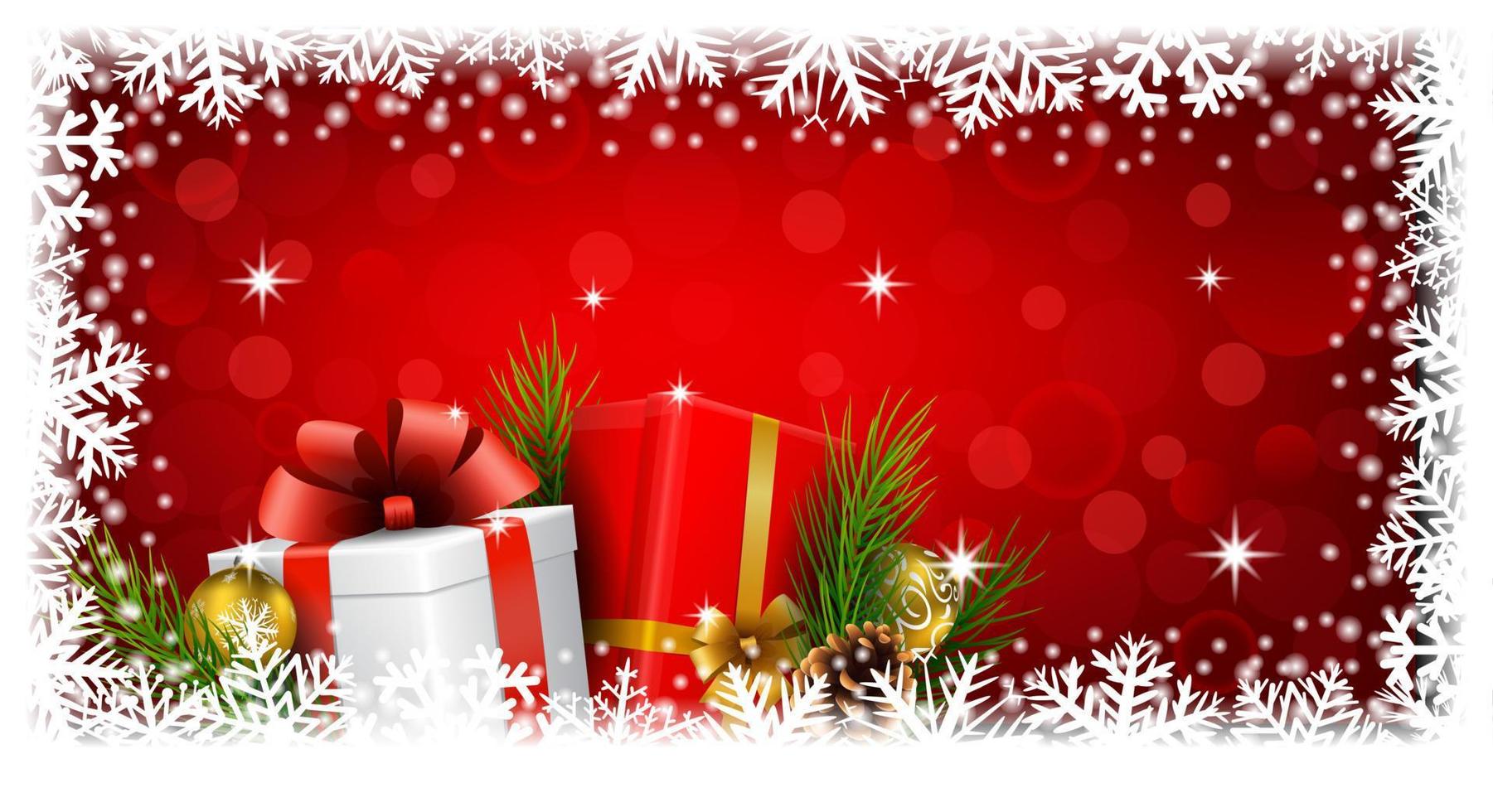 weihnachtsgeschenkboxen und kugeldekoration auf rotlichthintergrund vektor