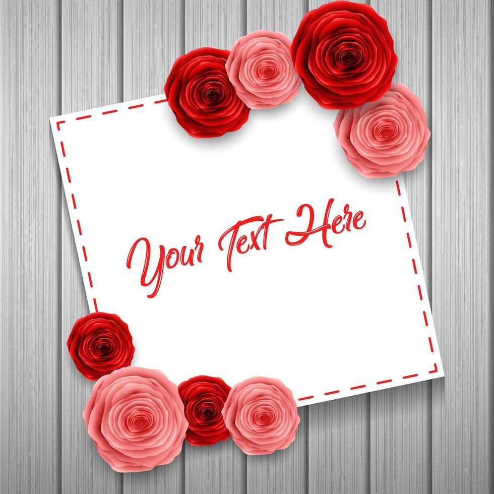 internationale glückliche frauentagesgrußkarte mit rosenblumen und weißem papierplatz für text auf hölzernem hintergrund vektor