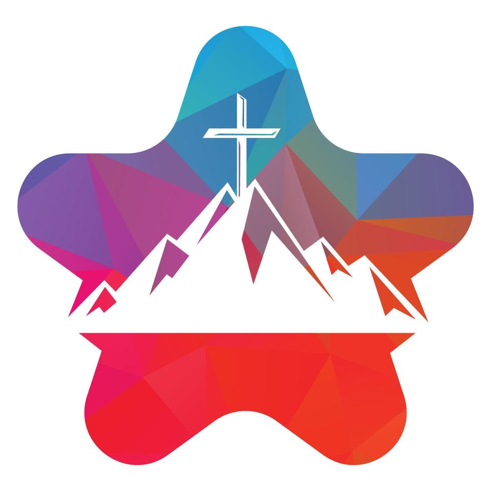 Baptistenkreuz im Berglogo-Design. Kreuz auf dem Berg und sternförmiges Logo. Logo der Kirche und der christlichen Organisation. vektor