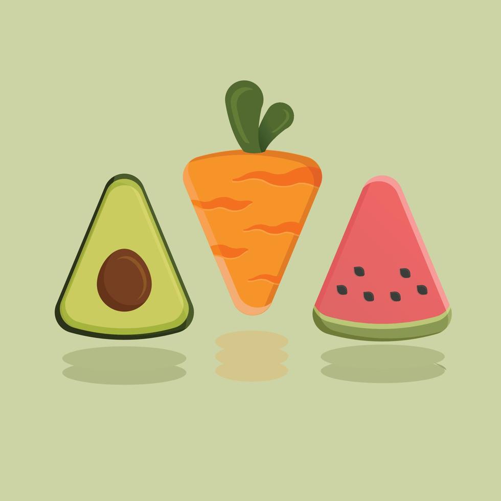 illustration des fruchtikonendreiecks, der avocado, der karotte und der wassermelone. vektor