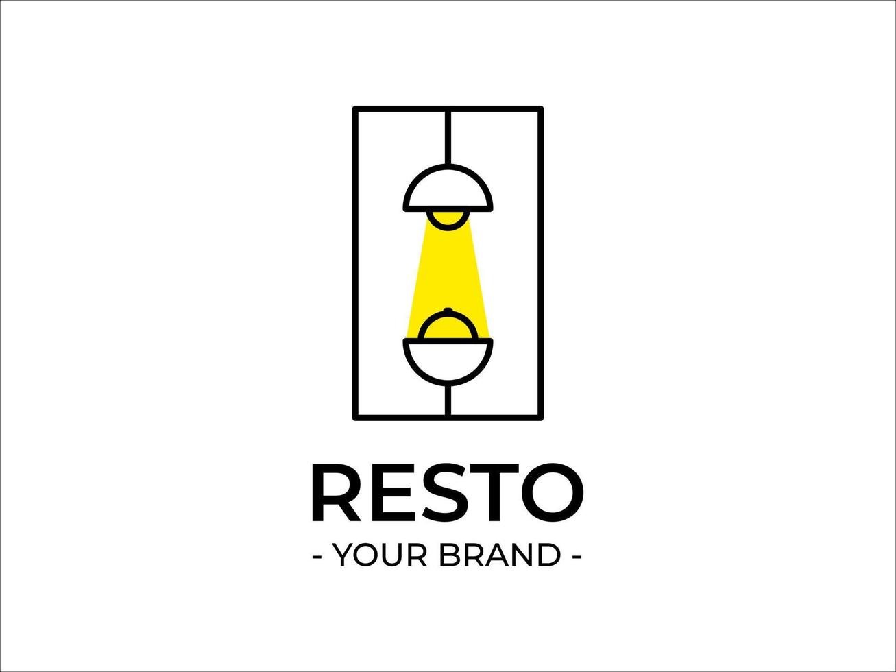 Logodesign für ein Restaurant, oben leuchtet ein Licht gelb, unten eine Tischform und oben drauf eine Geschirrabdeckung, die sich als gestalterische Referenz eignet vektor
