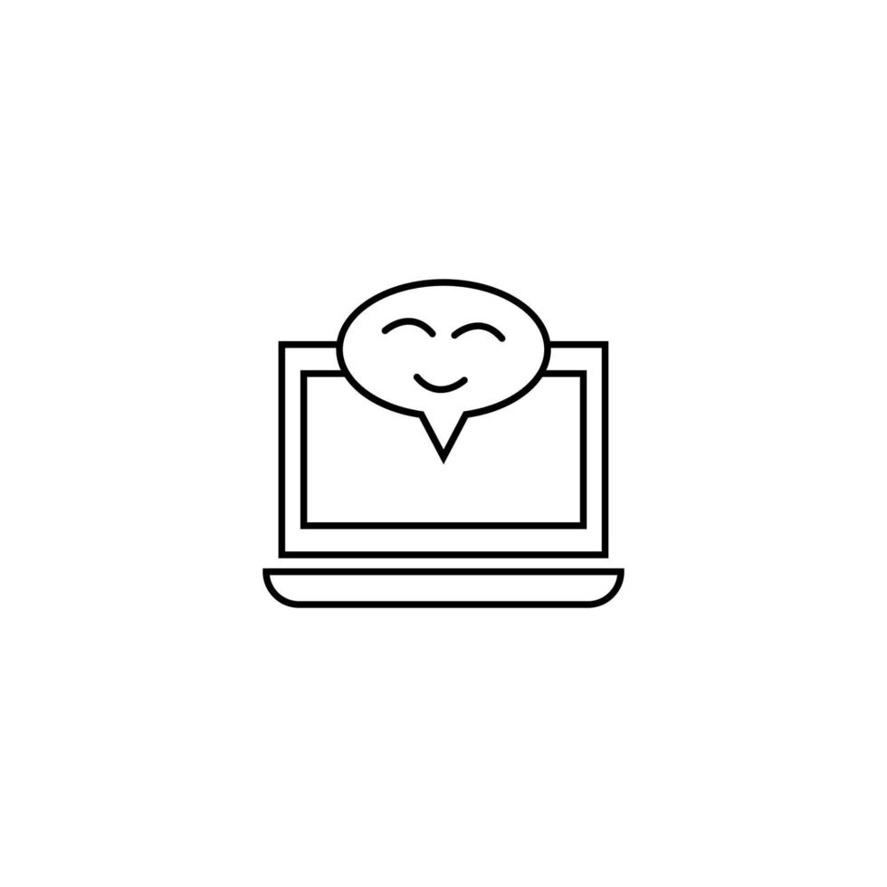 computer-, internet- und kommunikationskonzept. modernes monochromes Zeichen im flachen Stil. geeignet für Websites, Geschäfte, Bücher usw. Liniensymbol des glücklichen Emoji innerhalb der Sprechblase auf dem Laptop-Monitor vektor
