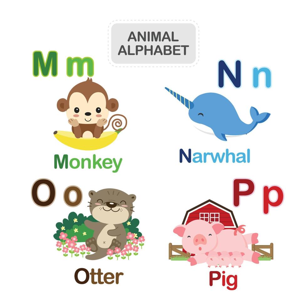 süßes tieralphabet von buchstabe m bis p vektor