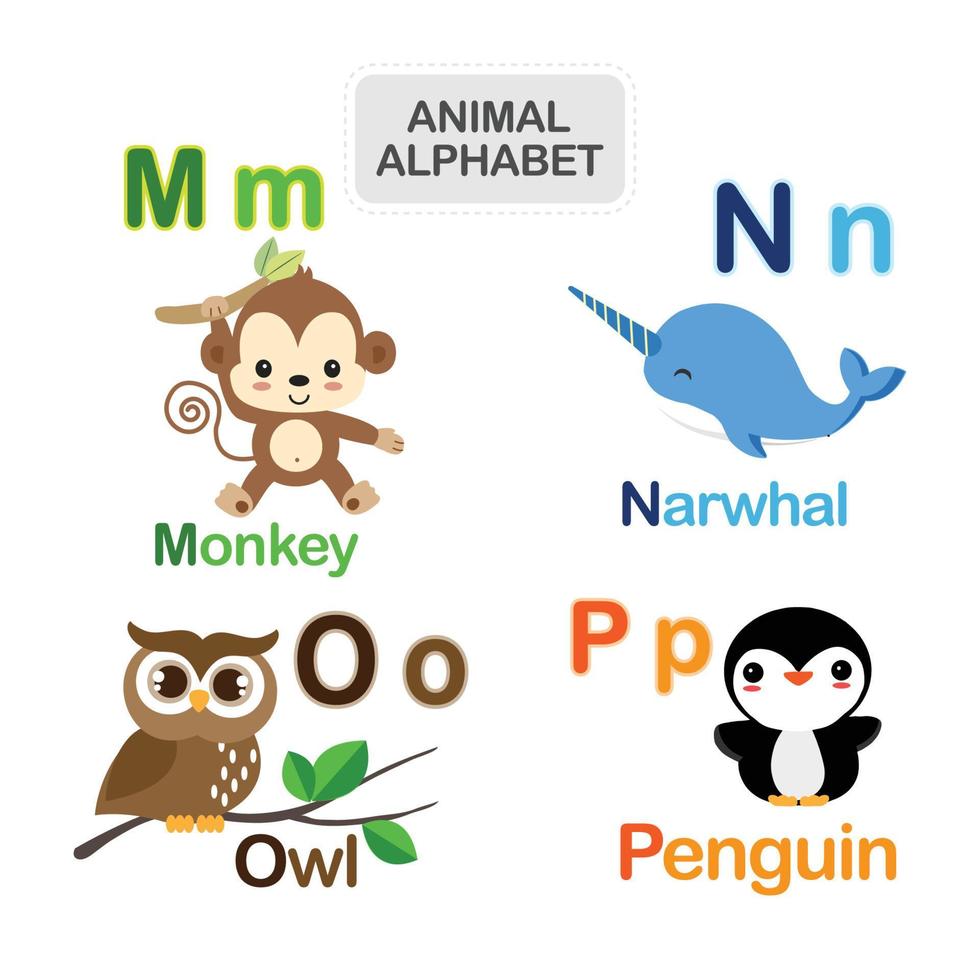 söt djur- alfabet från brev m till p vektor