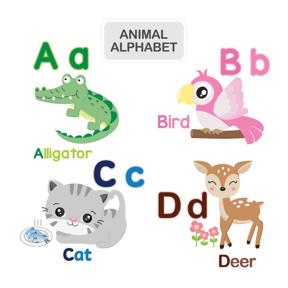 söt djur- alfabet från brev en till d vektor