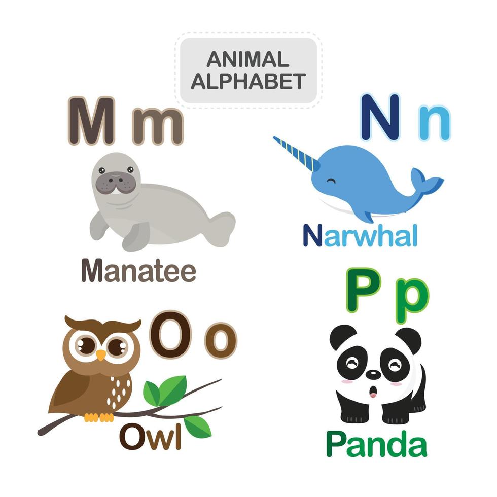 söt djur- alfabet från brev m till p vektor