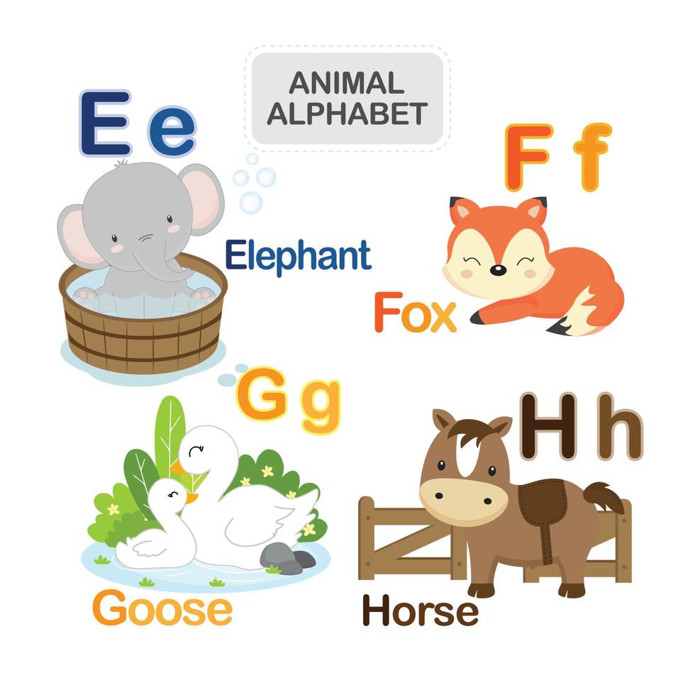 söt djur- alfabet från brev e till h vektor