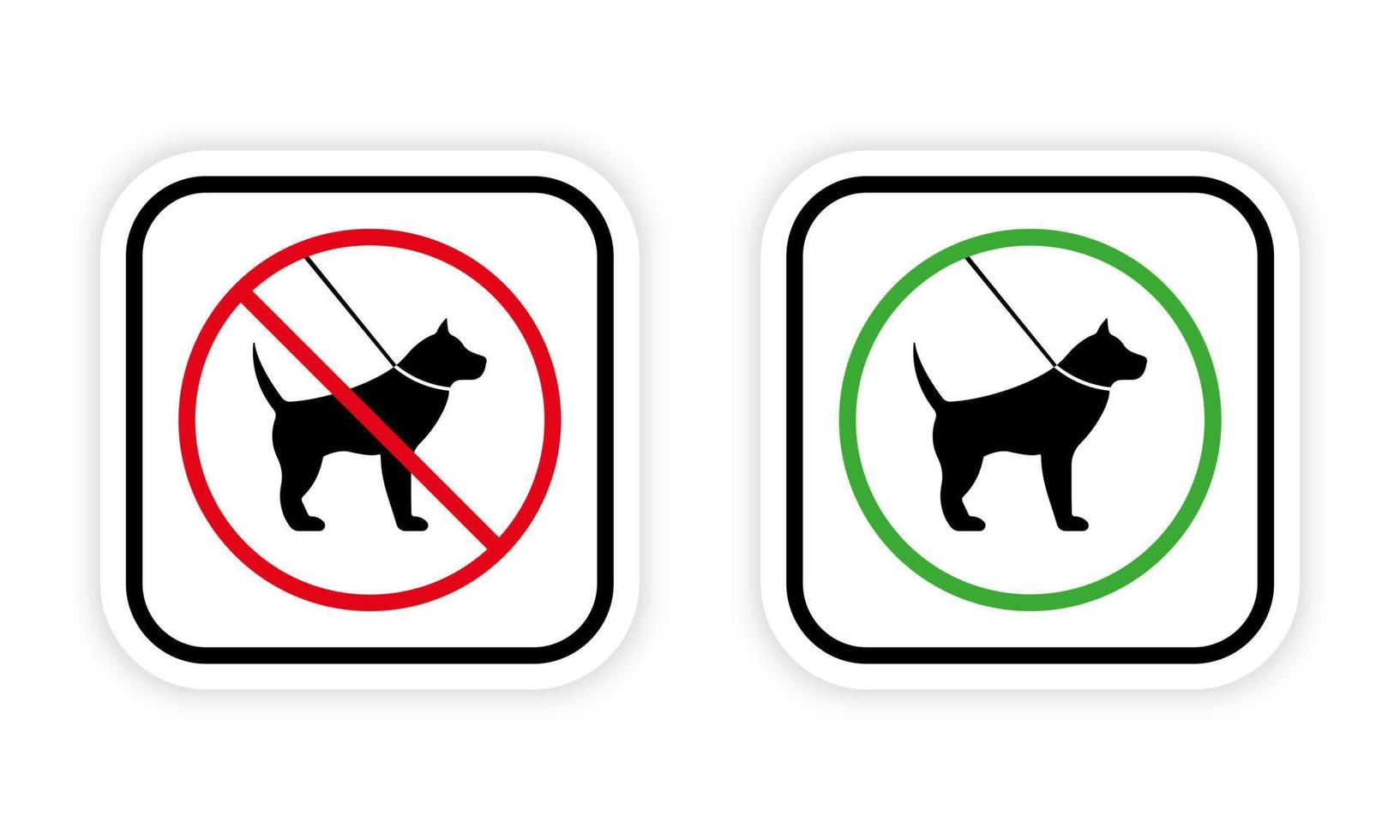 Haustier an der Leine Gehzone verbotenes Piktogramm. Verbot zu Fuß Hund schwarze Silhouette Symbol. Spaziergang Tier rotes Symbol zulassen. Erlaubnis zum Spazierengehen Haustier-Walking-Bereich grünes Kreisschild. isolierte Vektorillustration. vektor
