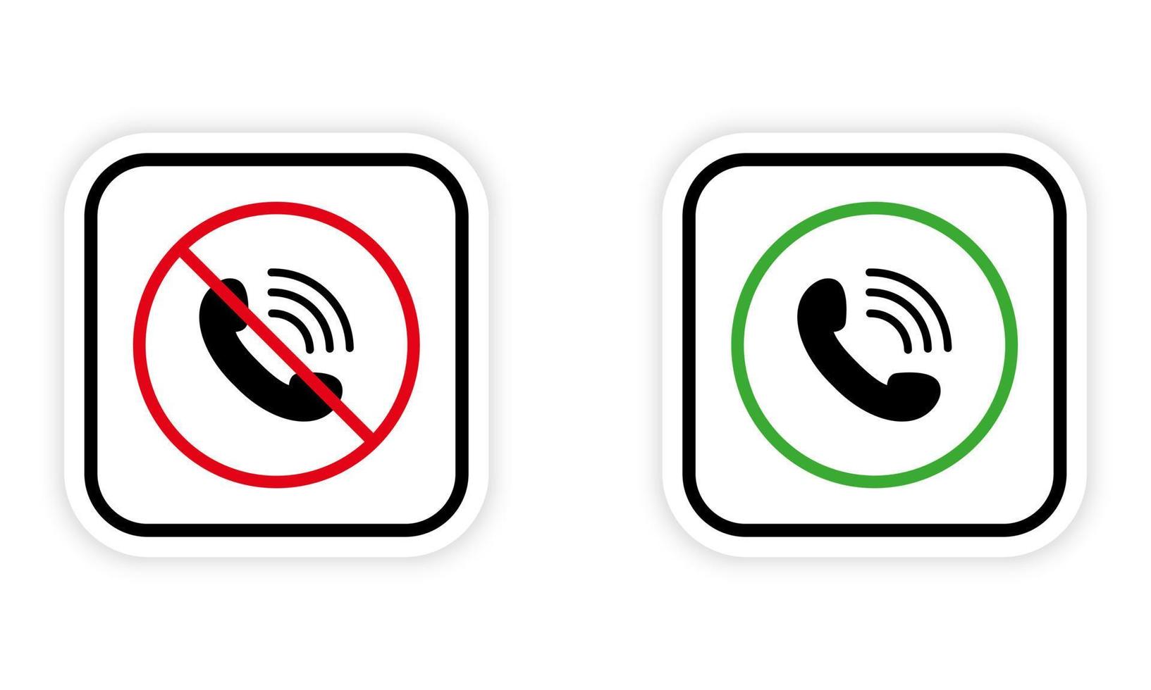 telefonlur ring upp svart silhuett ikon uppsättning. acceptera prata tillåta område grön cirkel symbol. inte motta inkommande ring upp mobil telefon röd förbjuden runda tecken. varning ha kvar tystnad. isolerat vektor illustration.