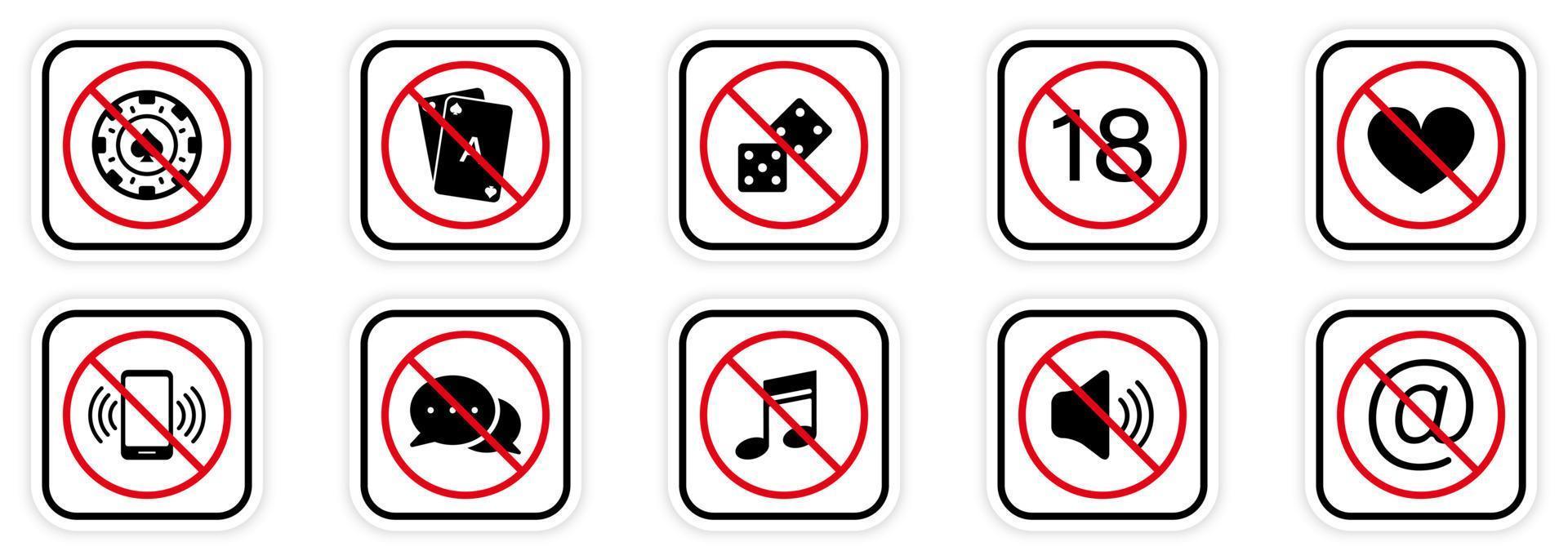 Casino-Verbot schwarze Silhouette Icon-Set. Pokerkarten-Blackjack-Piktogramm verbieten. Stummschalten des Telefons im Casino rotes Stoppkreissymbol. kein Zeichen für erlaubtes Glücksspiel. Würfel verboten. isolierte Vektorillustration. vektor