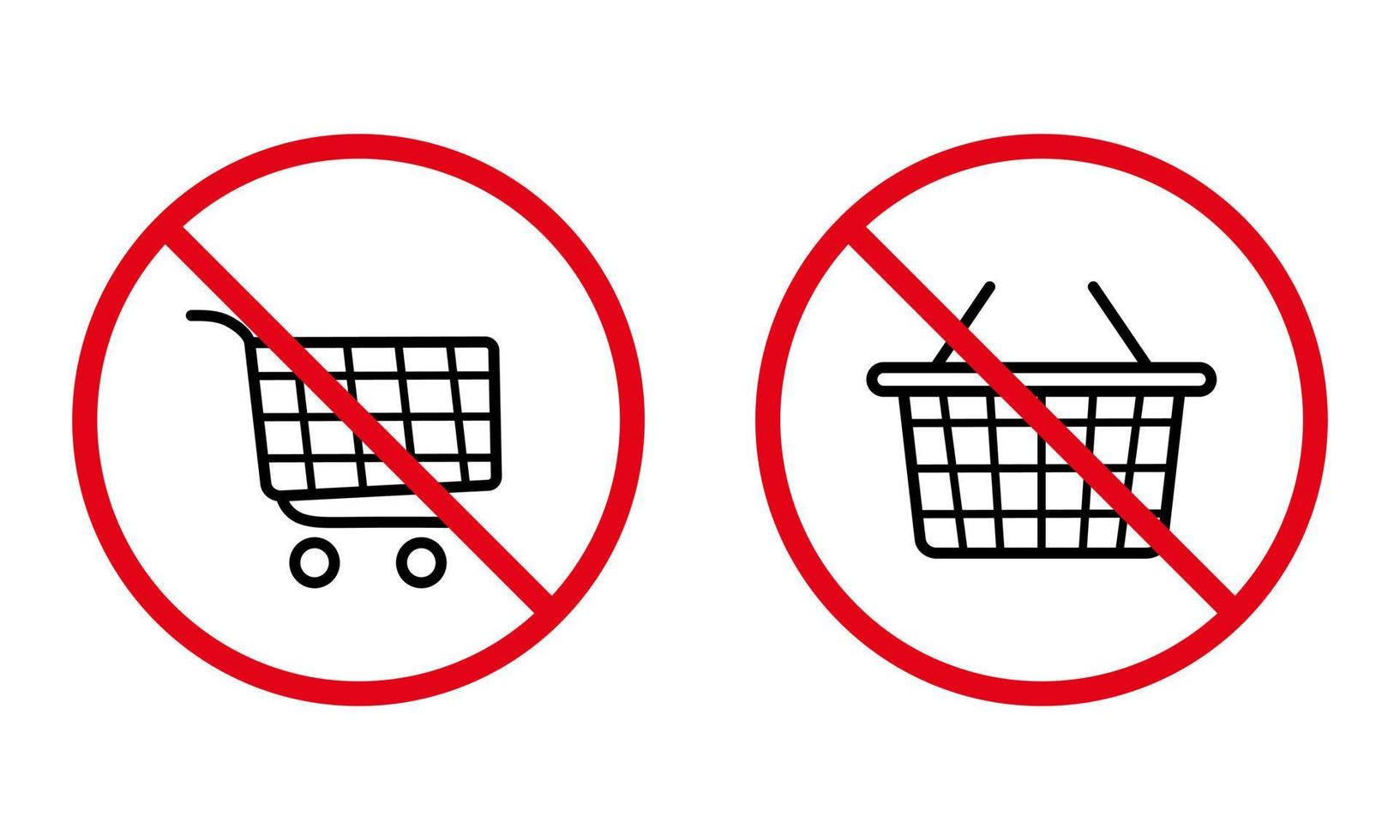 Warenkorb Warenkorb rot Stop-Symbol-Set. Supermarkt Trolley Verbot schwarze Silhouette Symbol. Produkt kaufen verbieten Piktogramm. kein Schild für Lebensmittelgeschäfte erlaubt. Verbotener Online-Markt. isolierte Vektorillustration. vektor