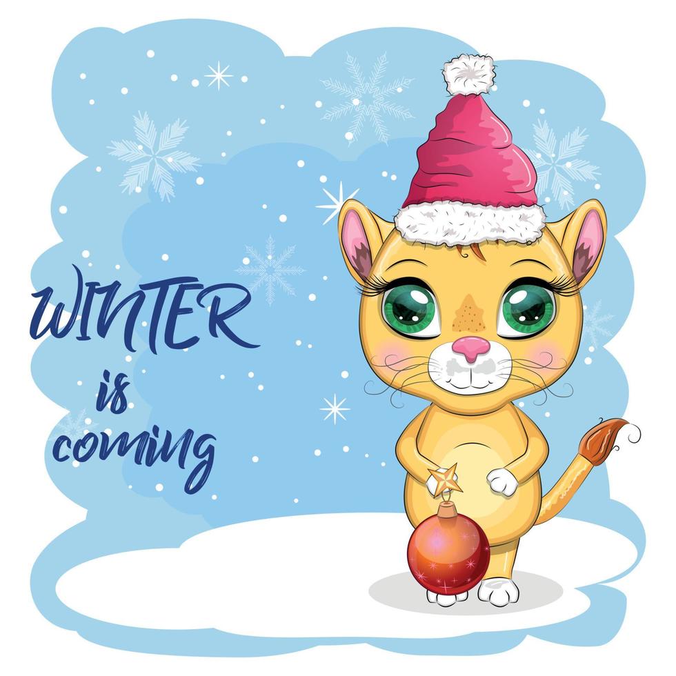 Frohe Weihnachten und ein glückliches Neues Jahr. lustiger Löwe im roten Hut mit Geschenk im Cartoon-Stil. Grußkarte. vektor