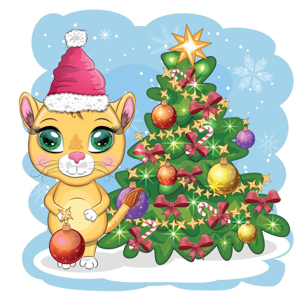 Frohe Weihnachten und ein glückliches Neues Jahr. lustiger Löwe im roten Hut mit Geschenk im Cartoon-Stil. Grußkarte. vektor