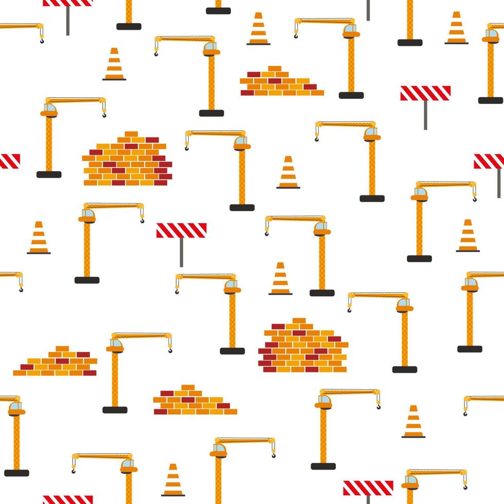 süßes kindisches nahtloses muster mit gelbem automuldenkipper, kran, betonmischer. Baustellenillustration im Cartoon-Stil vektor