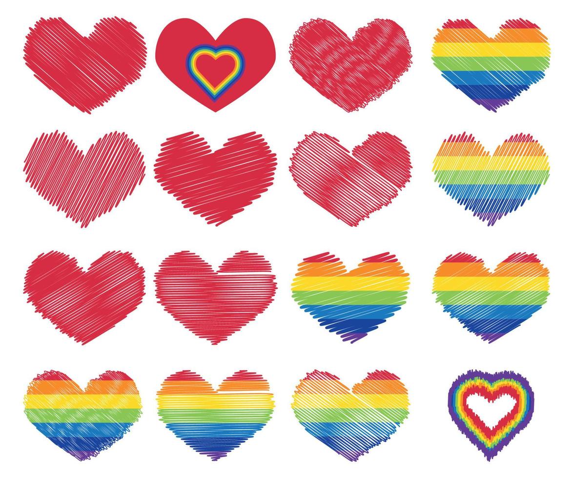 Stolz lgbt Herz Vektor Icon Set, lesbisches schwules bisexuelles Transgender-Konzept Liebessymbol. sammlung von farbigen regenbogenfahnen. flaches Designschild