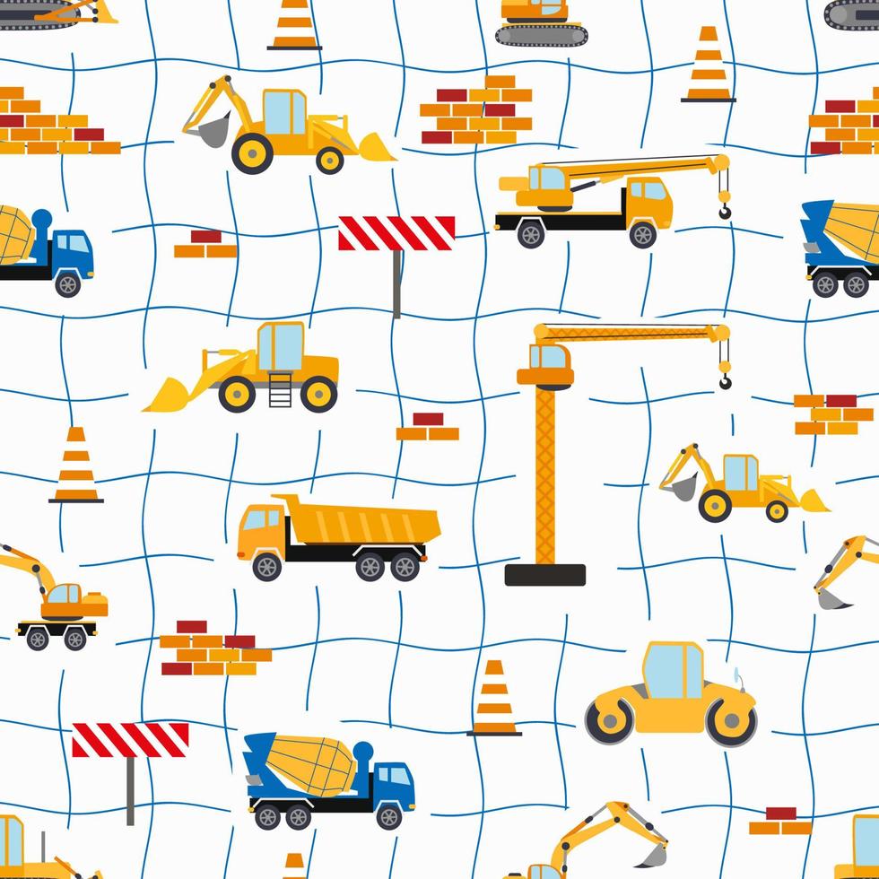 söt barnslig sömlös mönster med gul bil dumpa lastbil, kran, betong mixer. konstruktion webbplats illustration i tecknad serie stil vektor