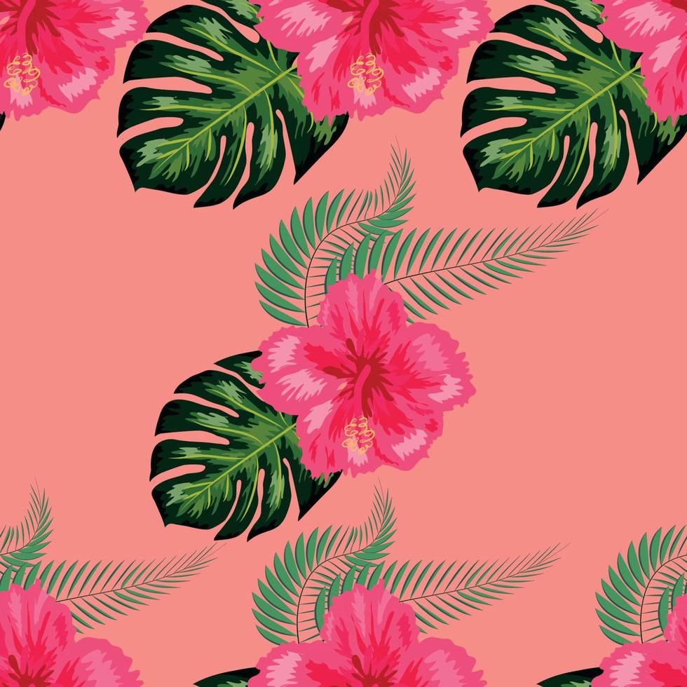 tropisk hibiskus blommor och handflatan löv buketter sömlös mönster vektor