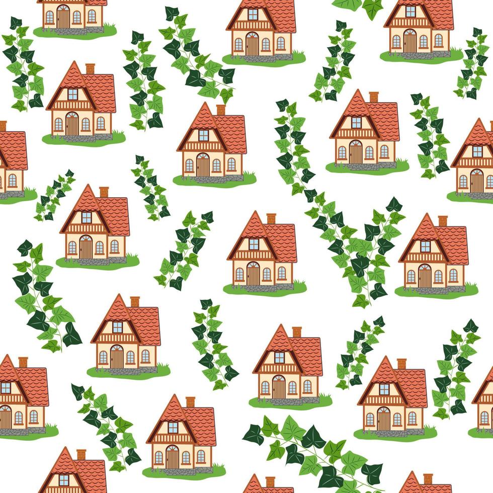 sömlös mönster med hus och murgröna grenar, växter, engelsk gammal hus, scandinavian traditioner vektor