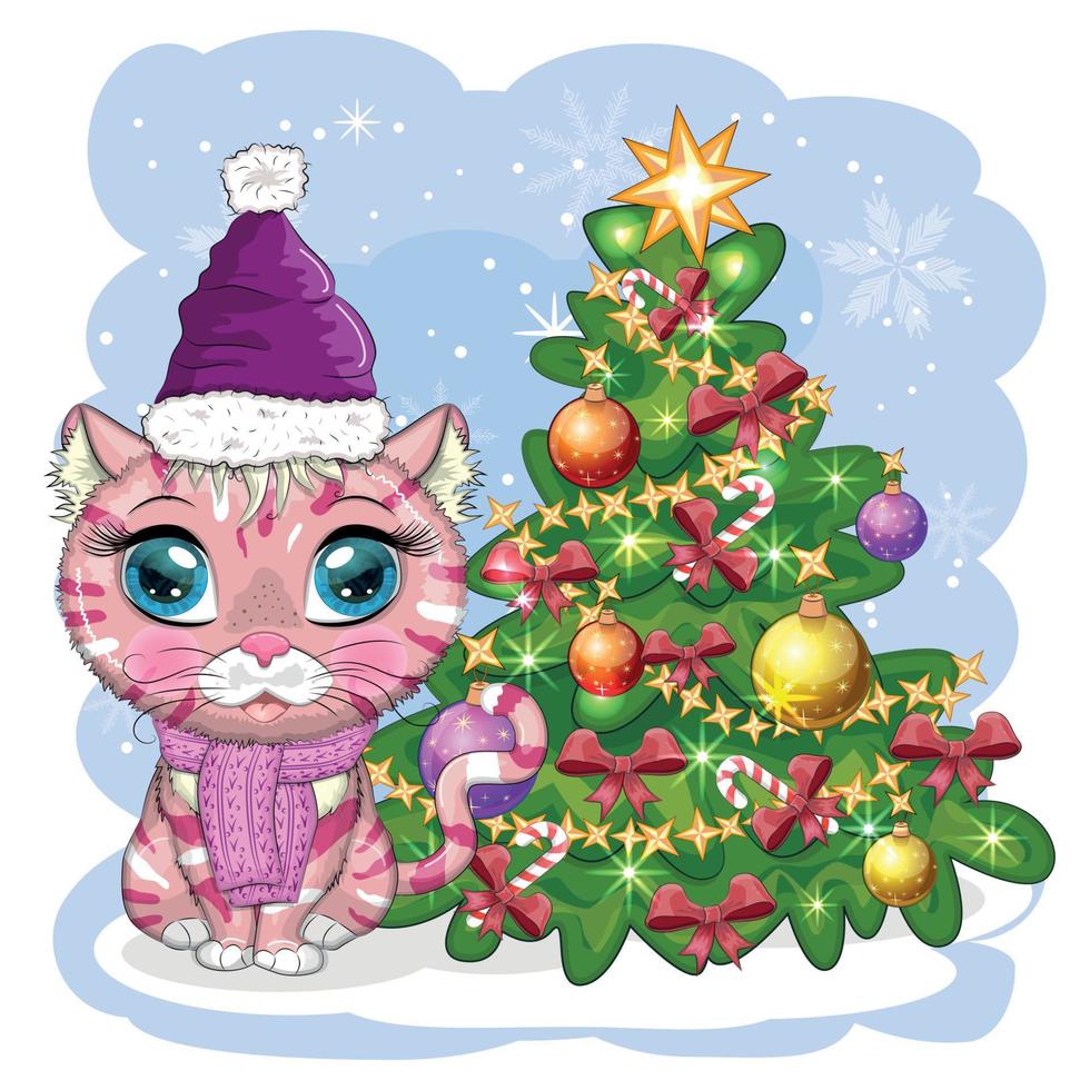 söt tecknad serie katt i jultomten hatt nära de dekorerad jul träd. vinter- 2023, jul och kinesisk ny vektor