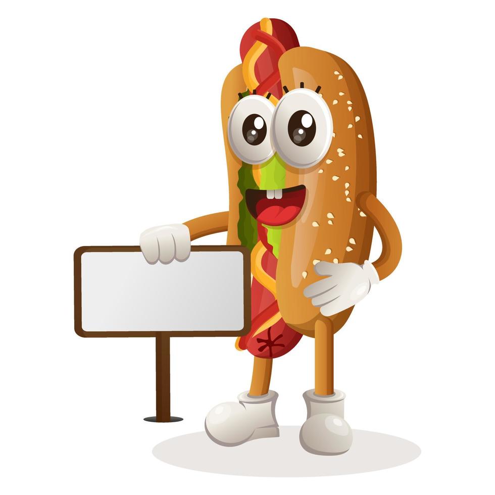 süßes Hotdog-Maskottchen, das neben einer Werbetafel steht vektor