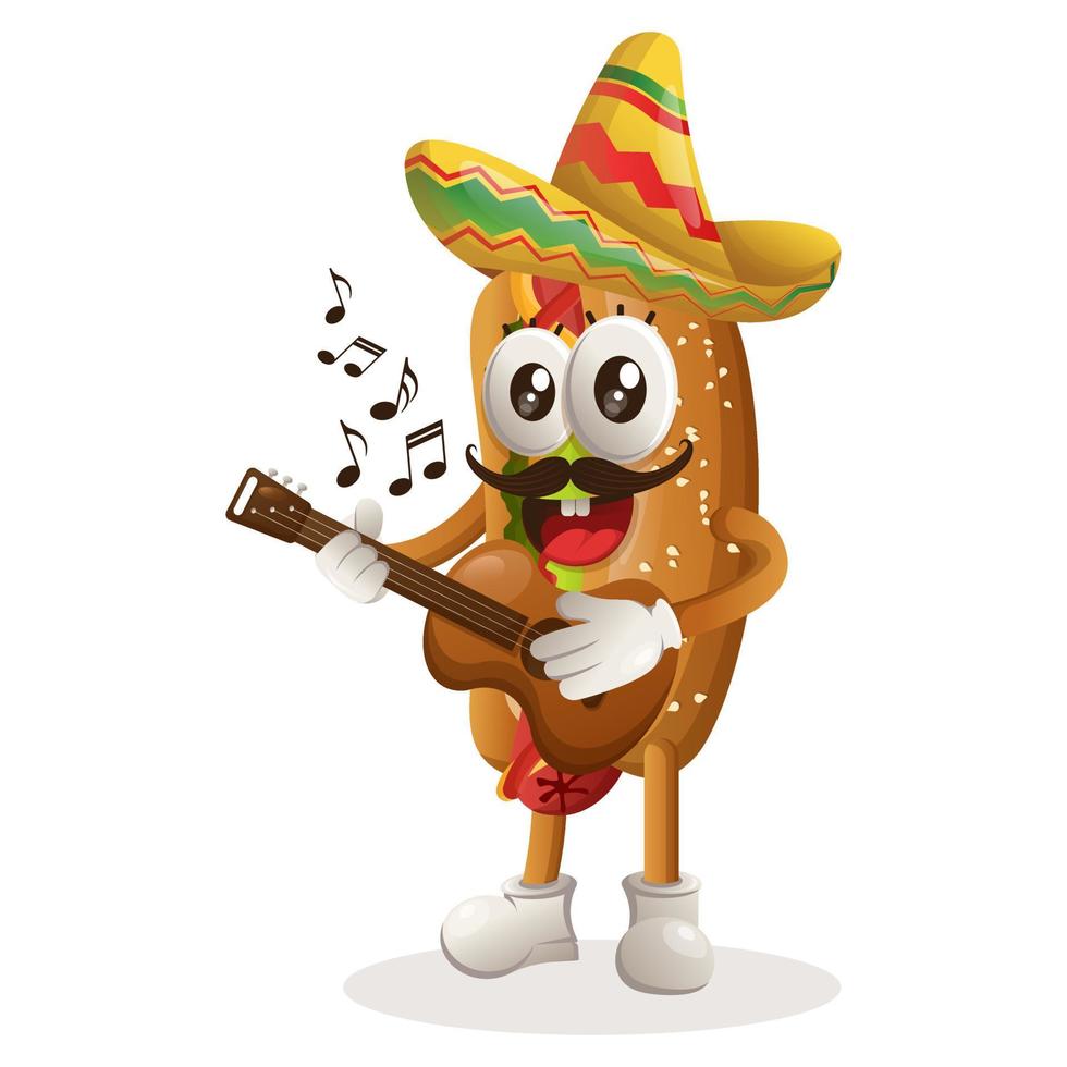 süßes Hotdog-Maskottchen mit mexikanischem Hut und Gitarre spielen vektor