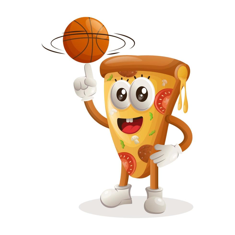 söt pizza maskot spelar basketboll, freestyle med boll vektor