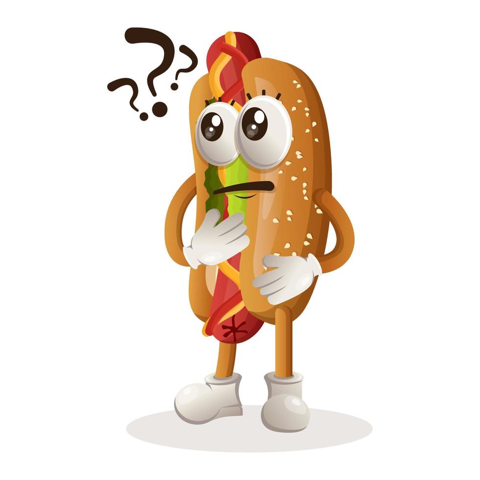 süßes Hotdog-Maskottchen, das Fragen stellt vektor