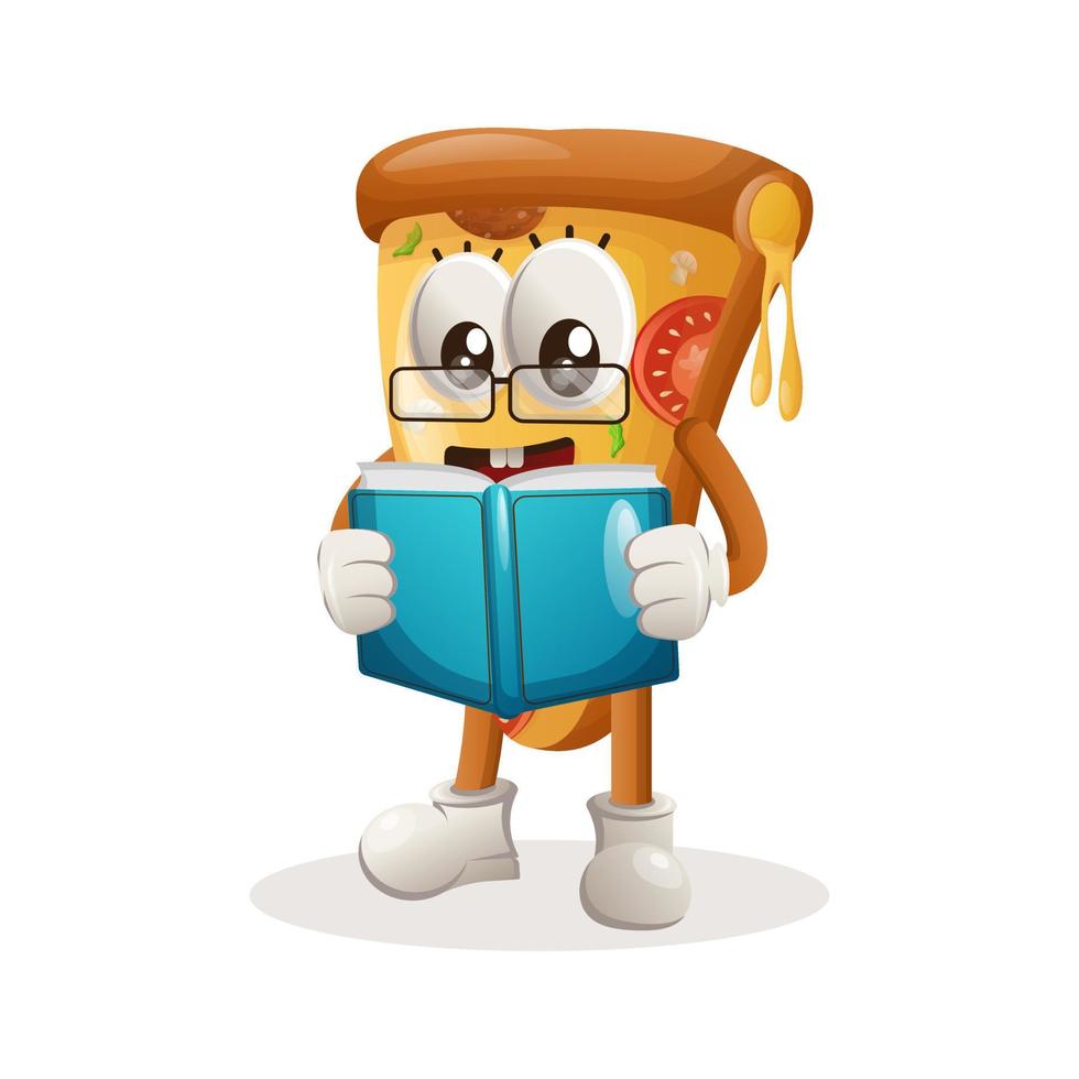 söt pizza maskot läsning en bok vektor