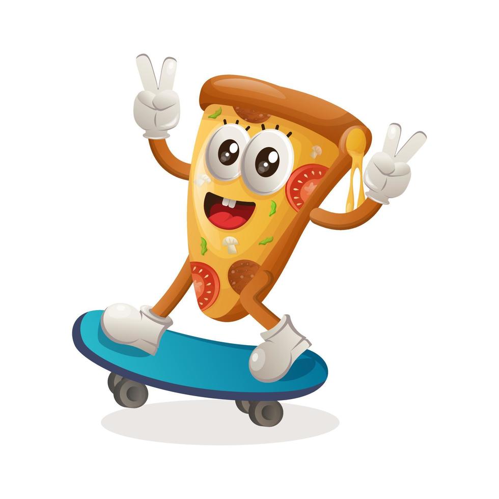 süßes pizza-maskottchen, das skateboard spielt, skateboarding vektor